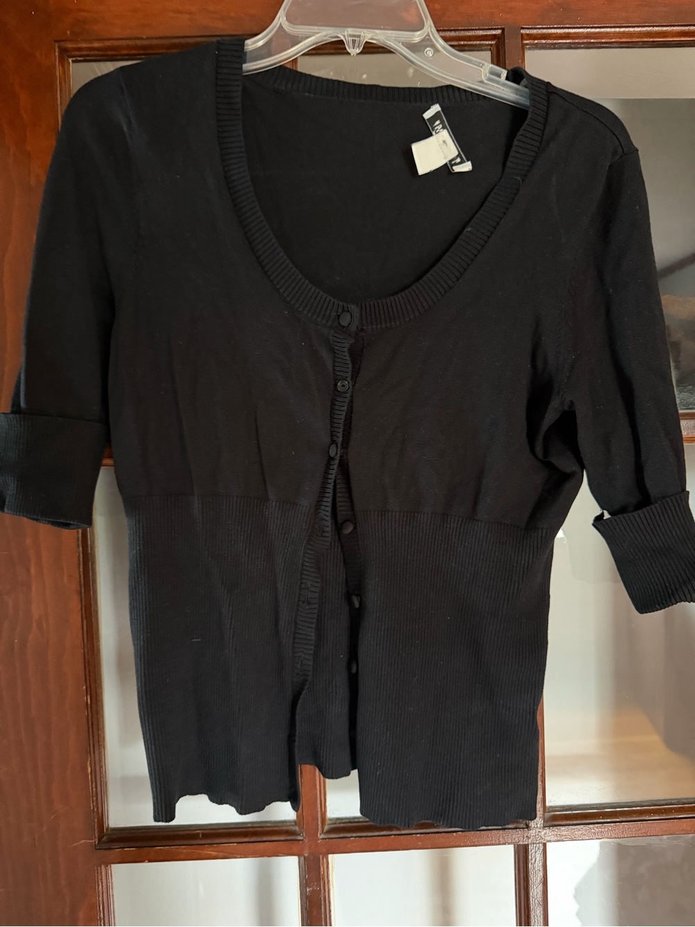 White House Black Market Black Short-Sleeve Ribbed Button Cardigan